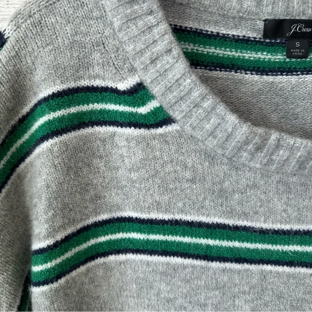 J. Crew Gray Crewneck Sweater with Green Stripes
